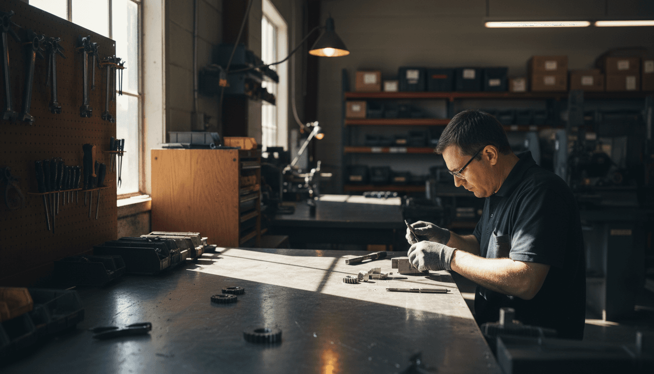 Precision fabrication work on metal component at manufacturing station